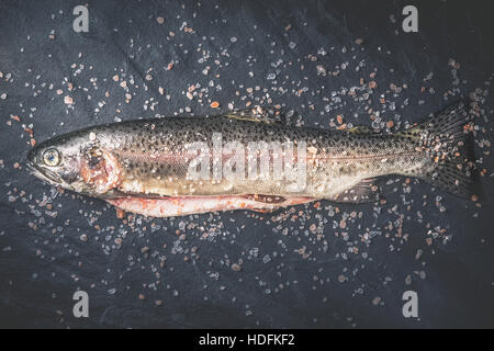 Raw trout  with salt on the dark stone background top view Stock Photo