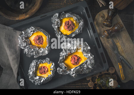 Stuffed pattypan on the  backing sheet top view Stock Photo