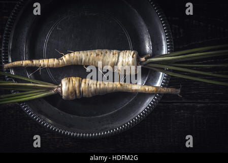 Parsley root  on the old metal plate  top view Stock Photo