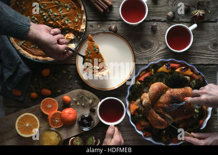 Thanksgiving dinner on the wooden table top view Stock Photo
