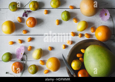 Citrus mix on the white wooden background Stock Photo