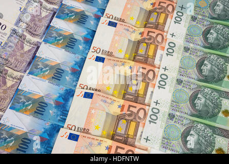 GBP EURO PLN and CHF banknotes laying in a rows Stock Photo