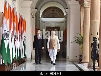 New Delhi, India. 12th Dec, 2016. Indian Prime Minister Narendra Modi escorts Indonesian President Joko Widodo at Hyderabad House December 12, 2016 in New Delhi, India. Credit:  Planetpix/Alamy Live News Stock Photo