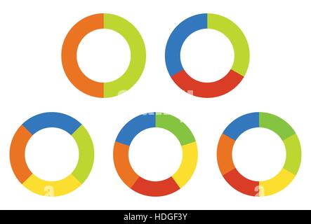 Set pie charts, graphs in 2,3,4,5,6 segments. Segmented circles. Colorful icons. Stock Vector