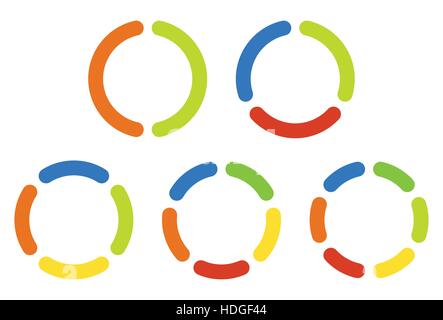 Set pie charts, graphs in 2,3,4,5,6 segments. Segmented circles. Colorful icons. Stock Vector