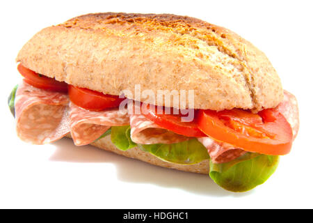 Fresh healthy bun with salad and salami isolated over white Stock Photo