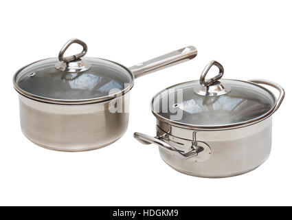 Two Saucepans, made of stainless steel with long handle,cover, on white background. Isolated Stock Photo