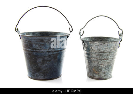 Two old metal vintage buckets isolated over white Stock Photo