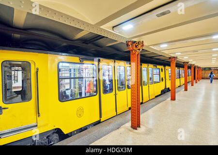 BUDAPEST, HANGARY-MAY 02, 2016: Interior of metro station in Budapest. Yellow (1 line) it is the oldest electrified underground railway system on the Stock Photo
