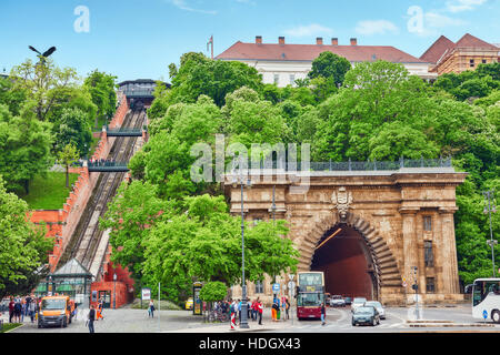 BUDAPEST, HANGARY-MAY 02, 2016: Funicular Royal Castle of Hungarian kings and road tunnel. Buda Hill Funicular was destroyed in World War II and rebui Stock Photo
