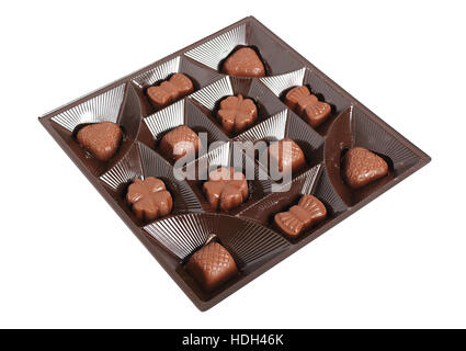 Chocolate Pralines in Box. Isolated with clipping path. Stock Photo