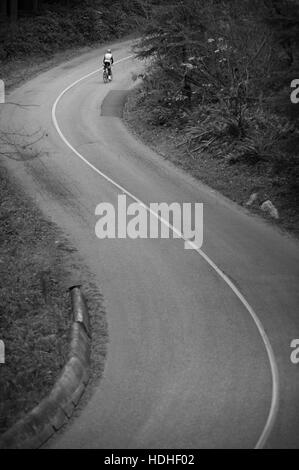 Distant view of cyclist riding bicycle on country road Stock Photo