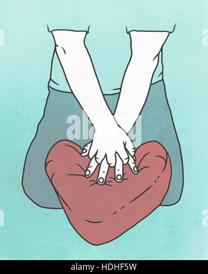 Illustration of man performing CPR on heart shaped cushion Stock Photo