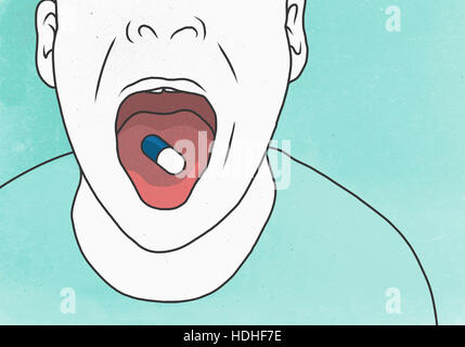 Illustration of man with capsule on tongue in mouth depicting illness Stock Photo