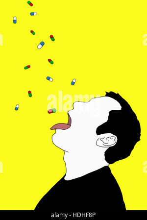 Illustration of capsules falling on man with sticking tongue out representing drug overdose Stock Photo