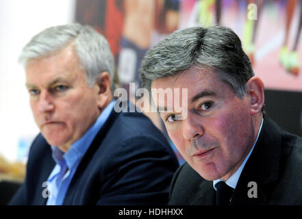 Sir Hugh Robertson (right) the BOA Chairman and Bill Sweeney the BOA Chief executive officer, as they discuss success of Rio 2016, the recent Chairman elections and work going forward including work around PyeongChang 2018 and Tokyo 2020, during a briefing at the British Olympic Association HQ, in central London. Stock Photo