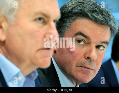 Sir Hugh Robertson (right) the BOA Chairman and Bill Sweeney the BOA Chief executive officer, as they discuss success of Rio 2016, the recent Chairman elections and work going forward including work around PyeongChang 2018 and Tokyo 2020, during a briefing at the British Olympic Association HQ, in central London. Stock Photo