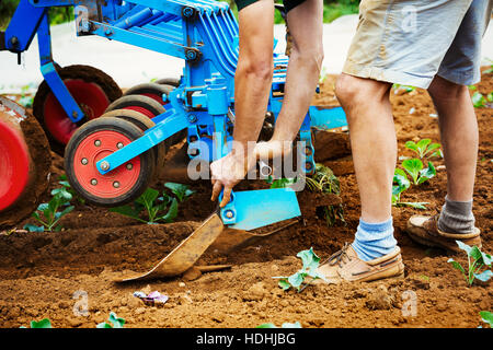 Man realigning a cultivator in a field. Stock Photo