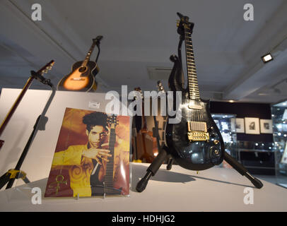 A guitar owned by Prince (front right) and a guitar owned by Jimi Hendrix (back left) on display ahead of the the Entertainment Memorabilia Sale at Bonhams in Knightsbridge, London later this week. Stock Photo