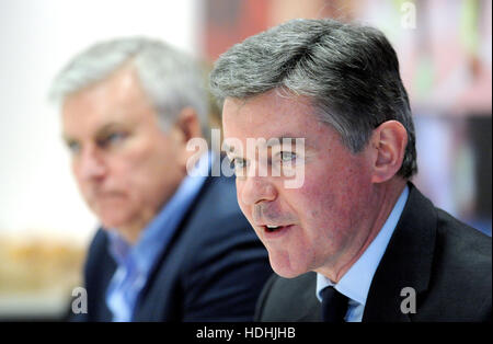 Sir Hugh Robertson, right, the BOA Chairman and Bill Sweeney the BOA CEO, as they discuss success of Rio 2016, the recent Chairman elections and work going forward including work around PyeongChang 2018 and Tokyo 2020, during a briefing at the British Olympic Association HQ, in central London. Stock Photo