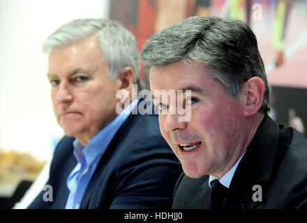 Sir Hugh Robertson (right) the BOA Chairman and Bill Sweeney the BOA Chief executive officer, as they discuss success of Rio 2016, the recent Chairman elections and work going forward including work around PyeongChang 2018 and Tokyo 2020, during a briefing at the British Olympic Association HQ, in central London. Stock Photo