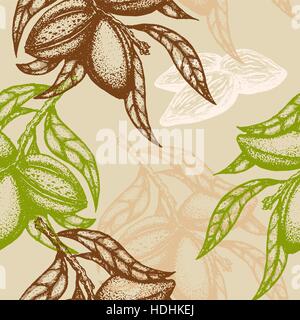 Hand drawn Almond Seamless pattern. Branch of almonds. Vector illustration Stock Vector