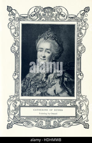Catherine II, better known as Catherine the Great, proclaimed herself empress of Russia in 1762. German by birth, she married the future Peter III of Russia, who was the grandson of Peter the Great, in 1744. She made Poland a protectorate and Russia a superpower in the Middle East. This illustration, dating to 1899, is based on a painting by Aexandro Ossani (born c. 1827), who lived/was active in England and is known for his portrait paintings..