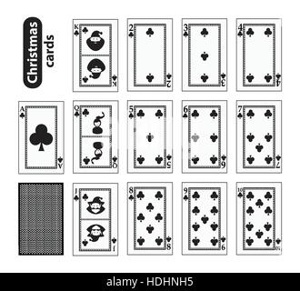 Cards Poker Set Christmas icons. black club suit. Santa claus, girl and elf - just schematically, uniformly. Illustration vector. Use for the site, pr Stock Vector
