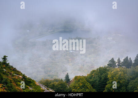 View of Grandfather Lake in fog, from Grandfather Mountain, North Carolina. Stock Photo