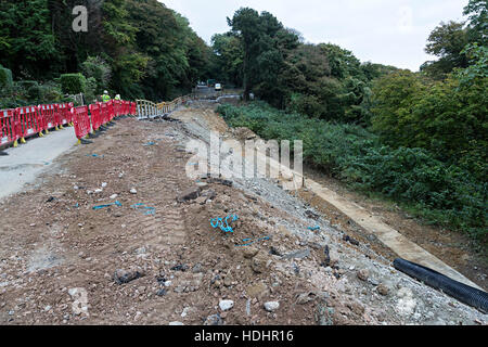 Landslip on road being repaired near Shanklin, Isle of Wight, UK Stock Photo