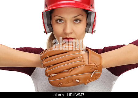 Female baseball player ready to pitch isolated on white background Stock Photo