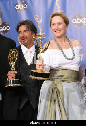 Actors Al Pacino, left, and Meryl Streep with their Emmys at the  for the 56th Annual Emmy Awards  in Los Angeles, California on Sunday 19 September, 2004. Pacino and Streep both won for lead actors in a miniseries or movie for their roles in 'Angels in America.' Photo credit: Francis Specker Stock Photo