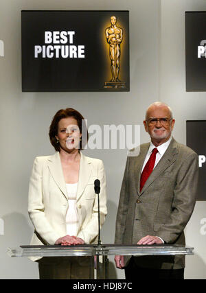Actress Sigourney Weaver and Frank Pierson, president of the Academy of Motion Picture Arts and Sciences announce the nominations for the 76th Annual Academy Awards for best motion picture of the year at a news conference in Beverly Hills, California on Tuesday 27 January 2004.  Photo credit: Francis Specker Stock Photo