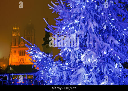 Advent evening view on Gradec square in Zagreb illuminated cathedral in the background Stock Photo