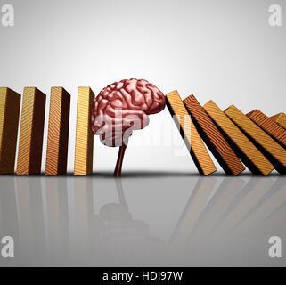 Thinking solution concept and creative innovation idea as a human brain stopping the fall of domino pieces as a psychology or mental health research s Stock Photo
