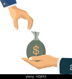 Human hand gives money bag to another person. Vector illustration Stock ...