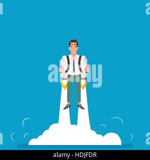 Happy businessman flying on jetpacks to his goal Stock Vector
