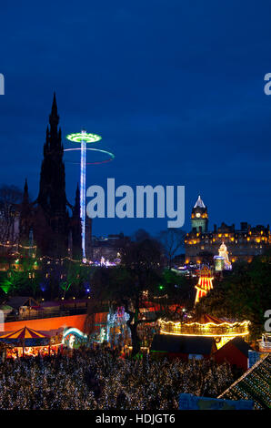 Edinburgh Christmas illuminations lights and fun fair, East princes Street Gardens, Scotland UK 2016 Stock Photo