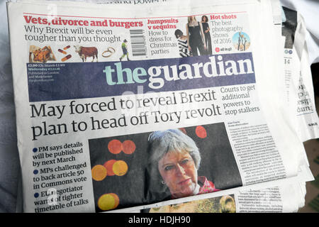 Theresa May forced to reveal Brexit plan to head off Tory revolt'  newspaper headlines front page article 2016 London England UK Stock Photo