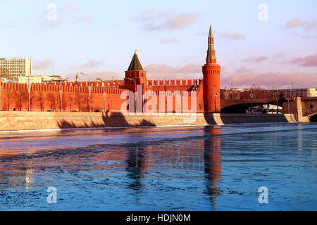 Beautiful winter river landscape with Moscow Kremlin towers Stock Photo