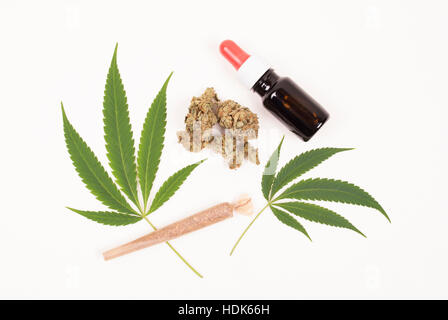 Cannabis sativa leafs and buds with THC oil and rolled joint Stock Photo