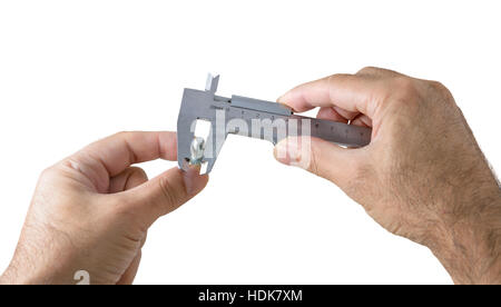 The measuring a bolt with calipers Stock Photo