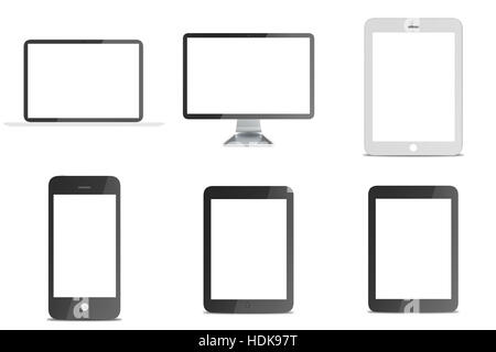Rendering lcd monitor and notebook, tablet computer, mobile phone templates. Electronic devices. Technology digital device Stock Photo