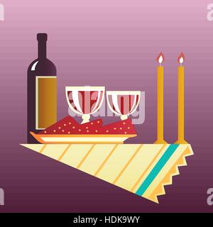 Flat style table for two with cloth, glasses, bottle of wine and two burning candles. Vector illustration . Stock Vector
