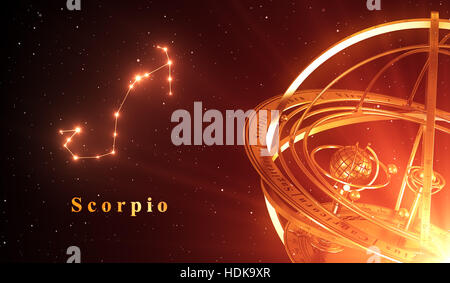 Zodiac Constellation Scorpio And Armillary Sphere Over Red Background. 3D Illustration. Stock Photo