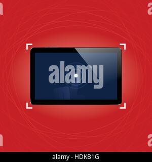 Digital tablet with shiny sensor screen with touch hand on elegant abstract red background. Electronic smart device. Mobile gadget. Vector illustratio Stock Vector