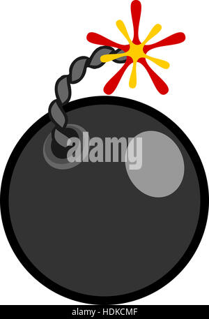 Flat style cartoon bomb with burning fuse on a white background Stock Photo