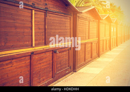 Street market stores closed at sunset. Horizontal image. Stock Photo