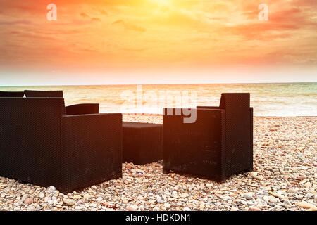 Sunset on a beach terrace. Horizontal image. Stock Photo