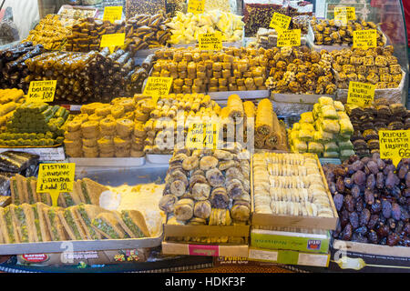 Dried fruit, tea and spices in the Spice Bazaar, Istanbul, Turkey Stock Photo